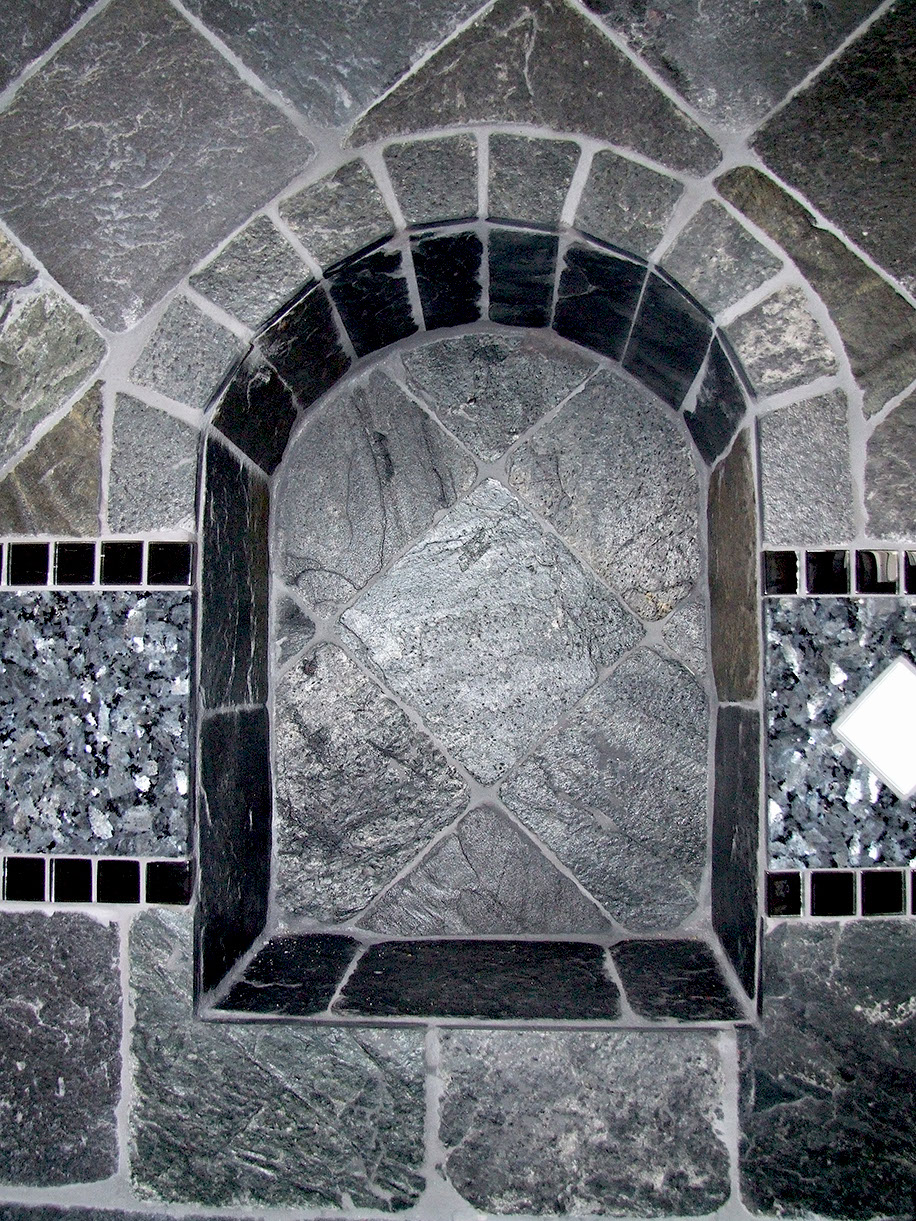 Bathroom stone tile design and installation, black granite