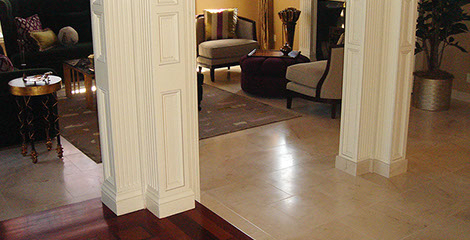 Design and installation of marble tile flooring for Mygrant family, homeowners in Danville, California by Rock Solid Creations.